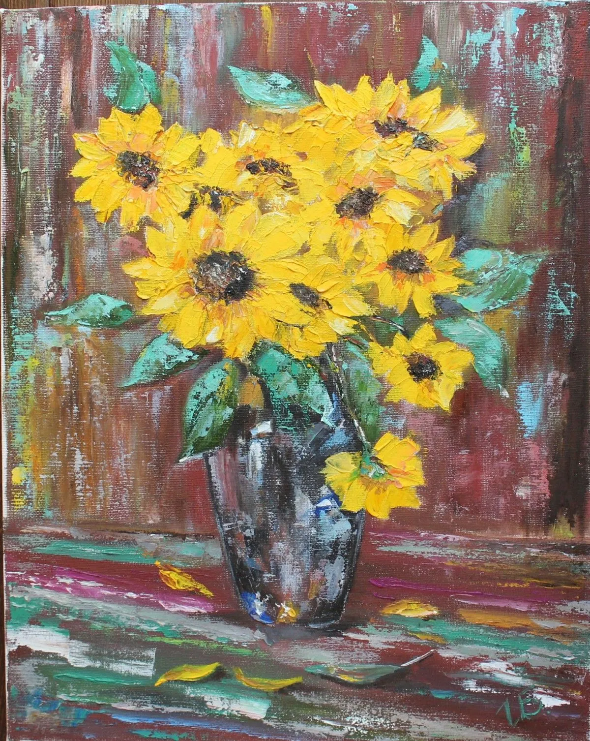 Sunflowers in the glass vase., œuvre de Igor Balabanov