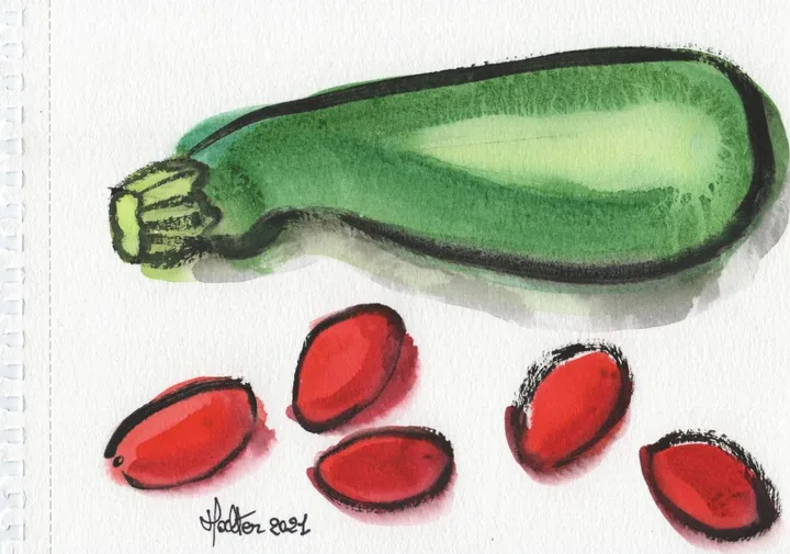Courgette et tomates cerise olivette, œuvre de Alain HALTER