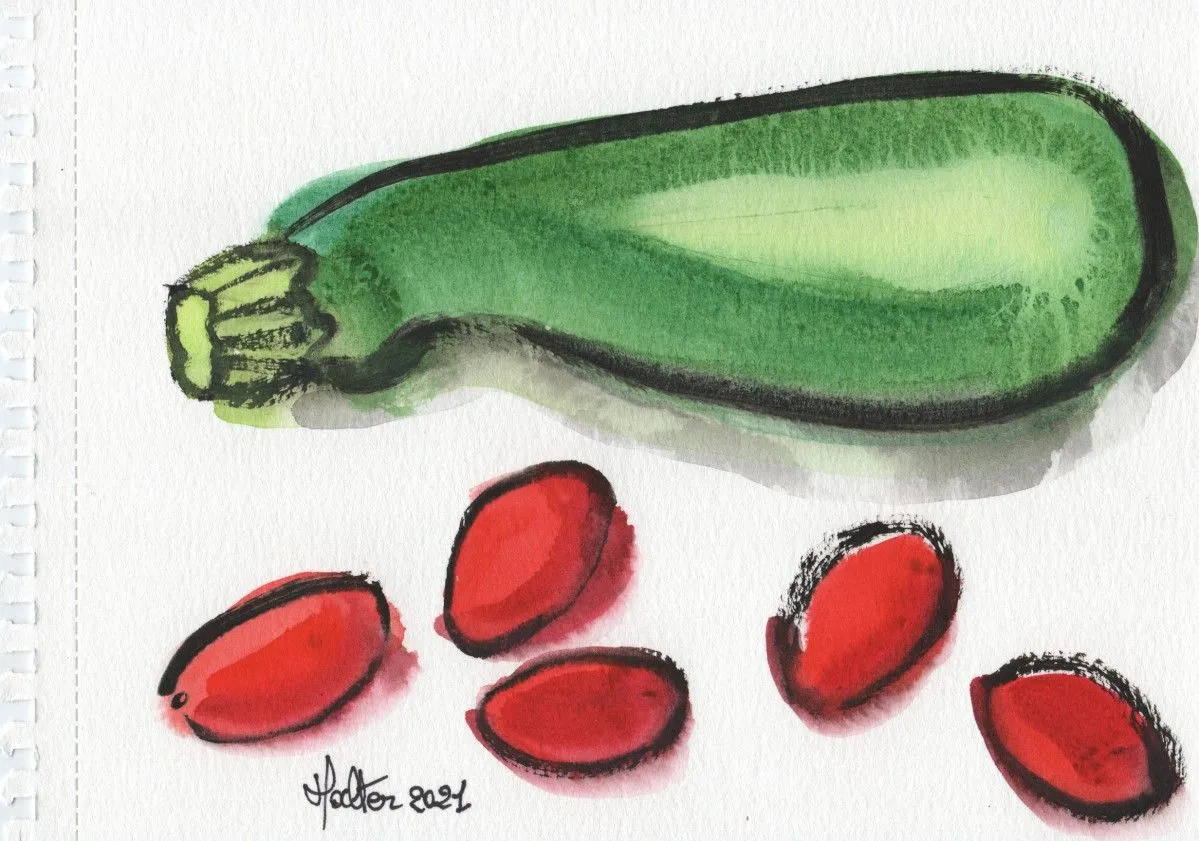 Courgette et tomates cerise olivette, artwork by Alain HALTER
