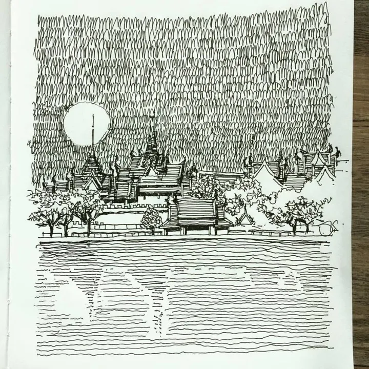grand palace in the night, artwork by Thanatip Jirawanicharoen