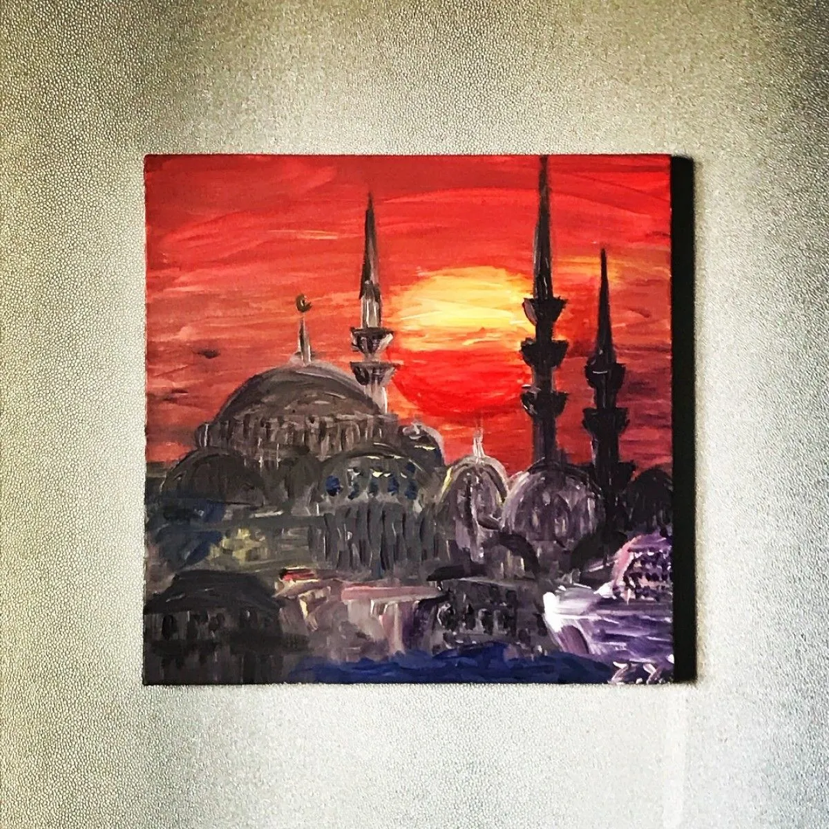 Istanbul Mosque Sunset Acrylic Painting, Modern Art, Wall Art, Turkey, artwork by Ievgeniia Zhydkova