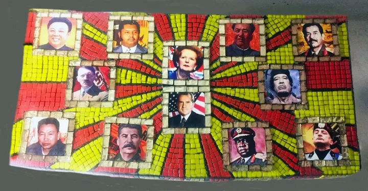 The Dictator Table— Super Kitsch & Utterly Unique Mosaic Pop Culture Piece, artwork by Maxine Page