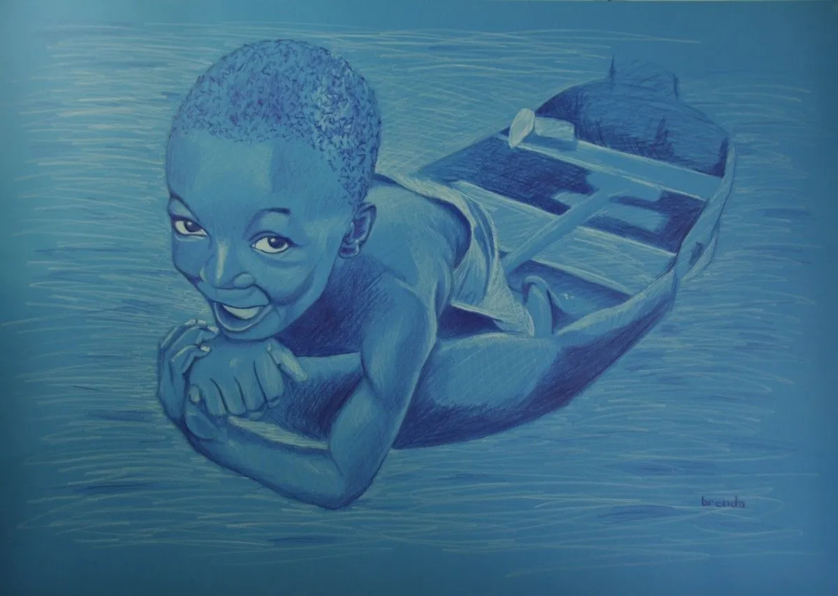 Boy in a boat after a photograph by Quim Fàbregas, artwork by Brenda Helfrich