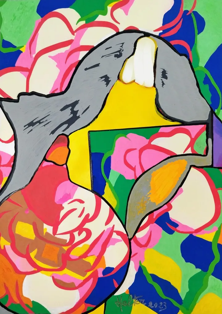 Deux potirons et fleurs de bégonia, artwork by Alain HALTER
