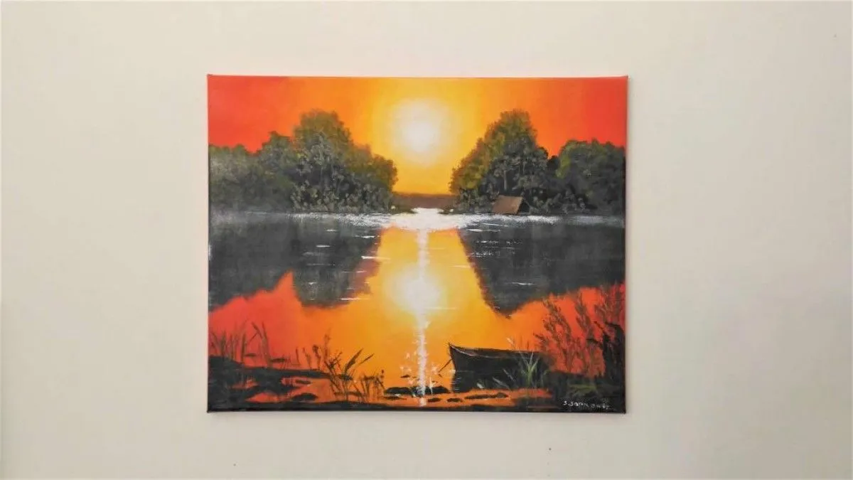 Coucher soleil sur l'étang, œuvre de S sopkowiz