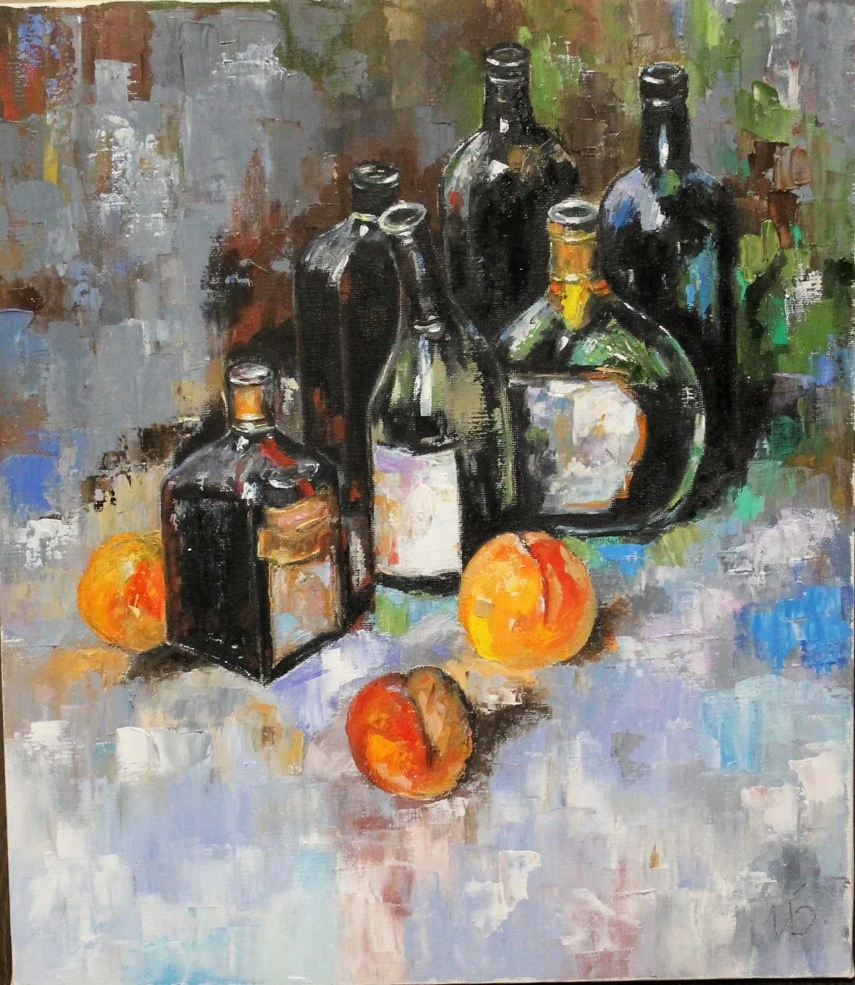 Six vine bottles and peaches., œuvre de Igor Balabanov