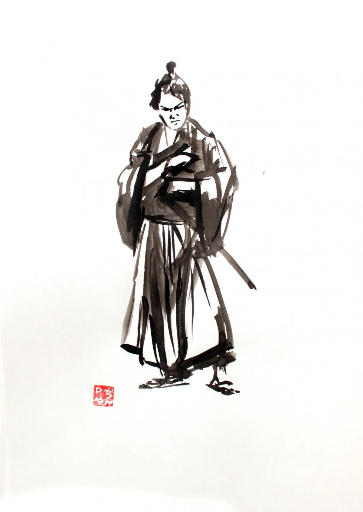 samurai in kimono, œuvre de pechane sumi-e