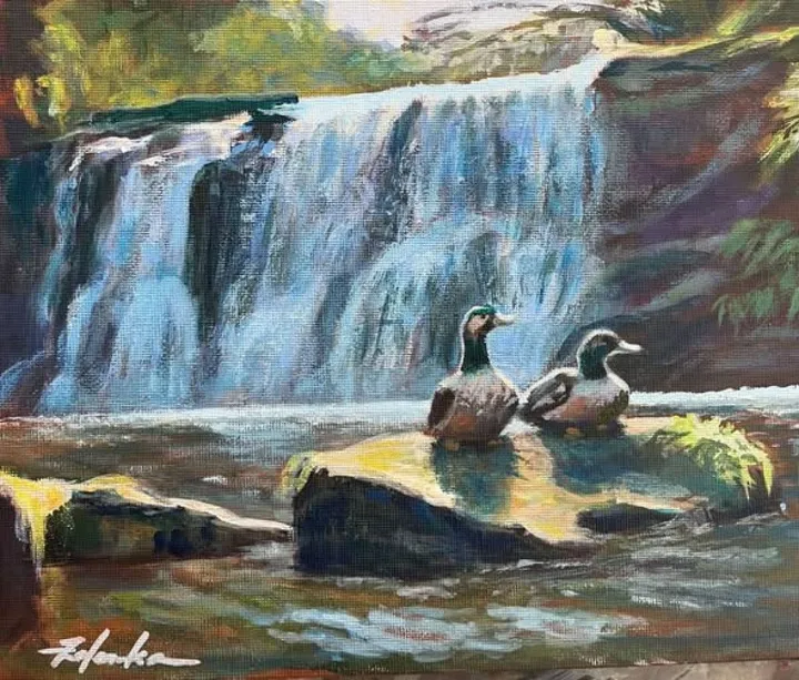 Ducks with waterfall, œuvre de Trudy Zelenka