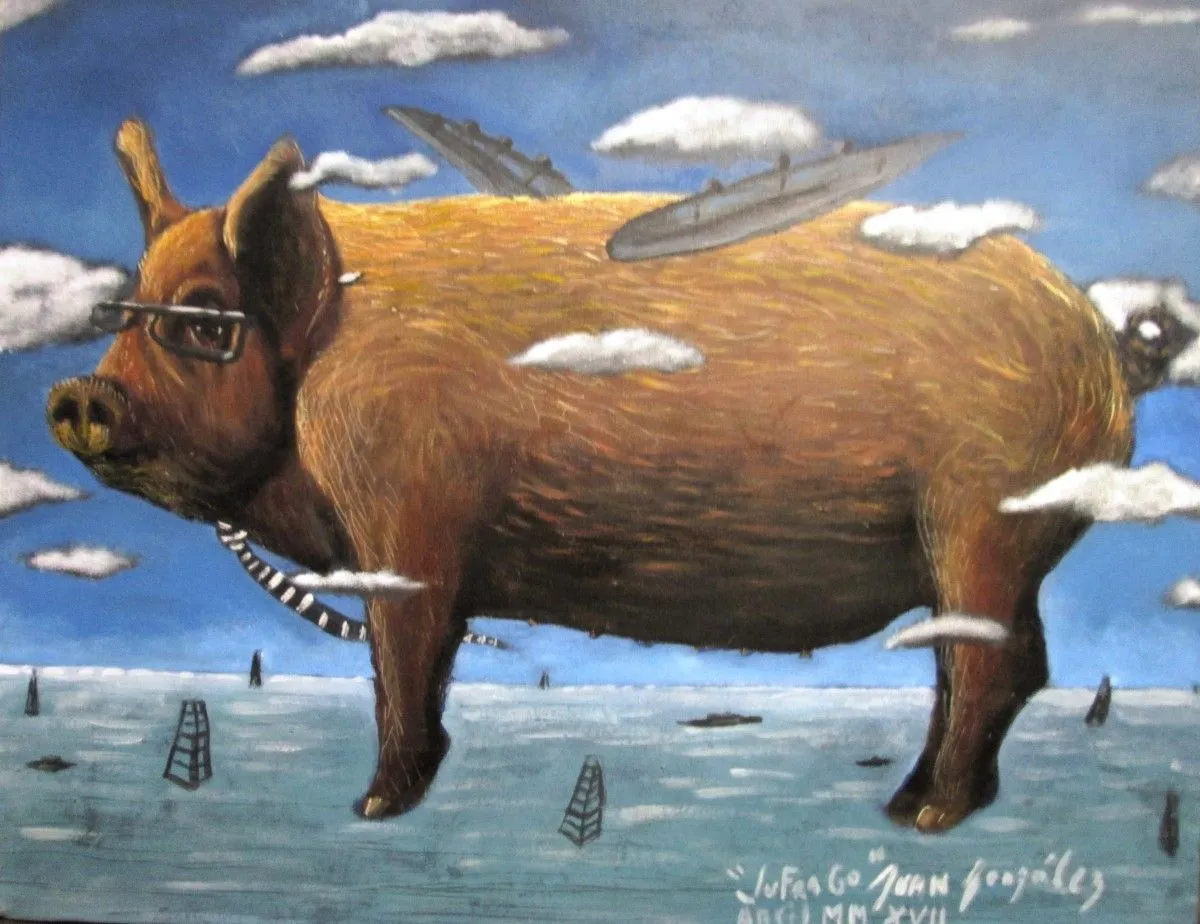 "El cerdote que volaba y vió todos los oceanos", artwork by Juan Francisco