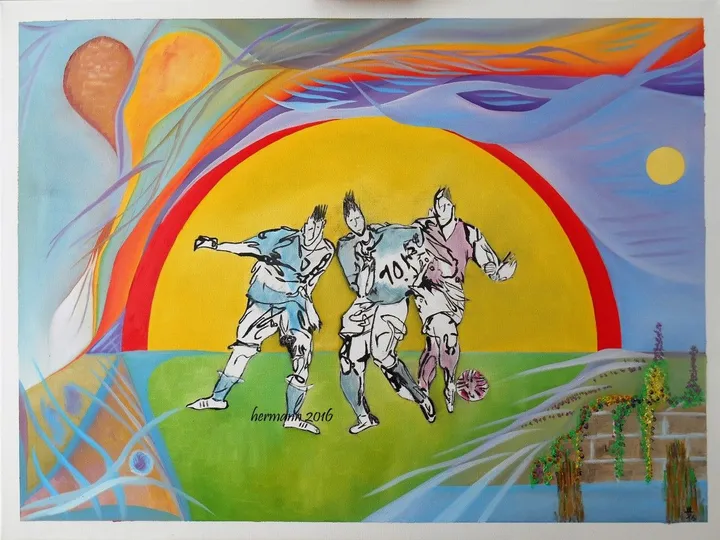 oil "Fussballer im Lichtbogen", œuvre de Hansjörg Hermann