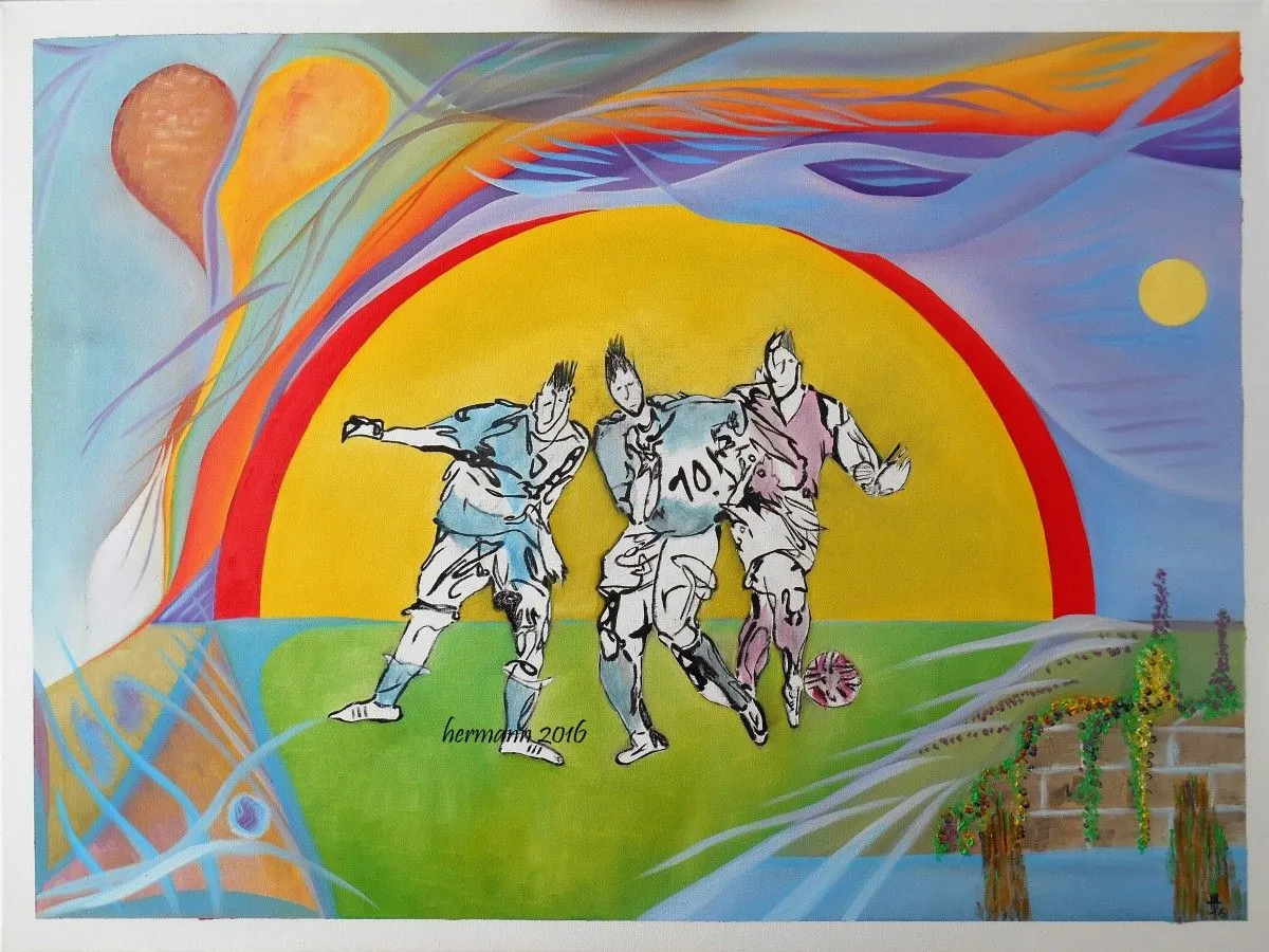 oil "Fussballer im Lichtbogen", artwork by Hansjörg Hermann