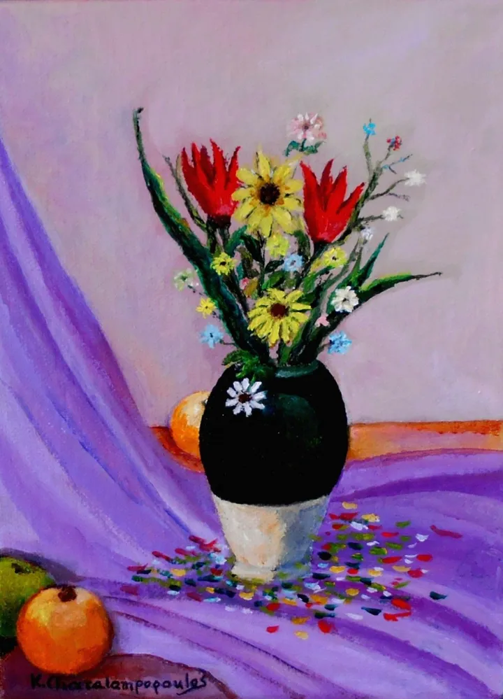 Still life with flowers and fruits, artwork by Konstantinos Charalampopoulos
