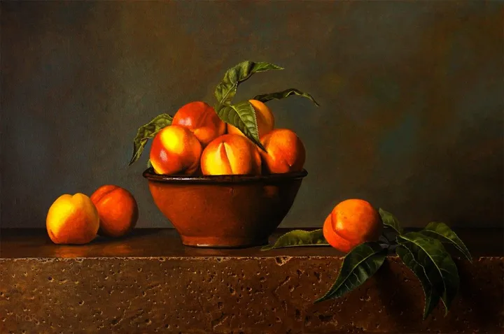 Nectarines and Terracotta Bowl, œuvre de Dietrich Moravec