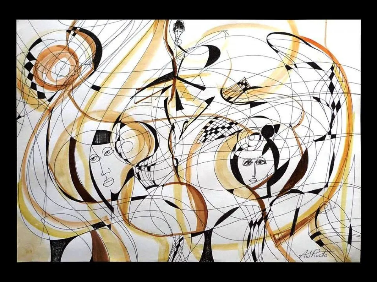 Drawing, watercolor, black ink on paper, Dance Spirals, ready to frame, brown colors, paper, artwork by Ana Pinto