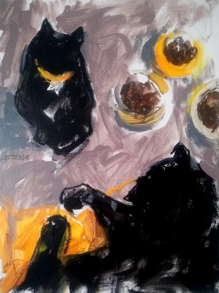 Black cats & yellow plate#2, œuvre de Valerie Lazareva