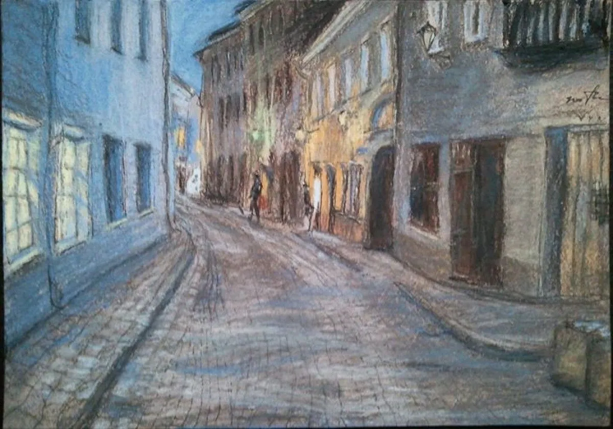 Vilnius, Stikliu street, Or The Evening came (ink,pastel, 295x210), œuvre de Marina Tregubova