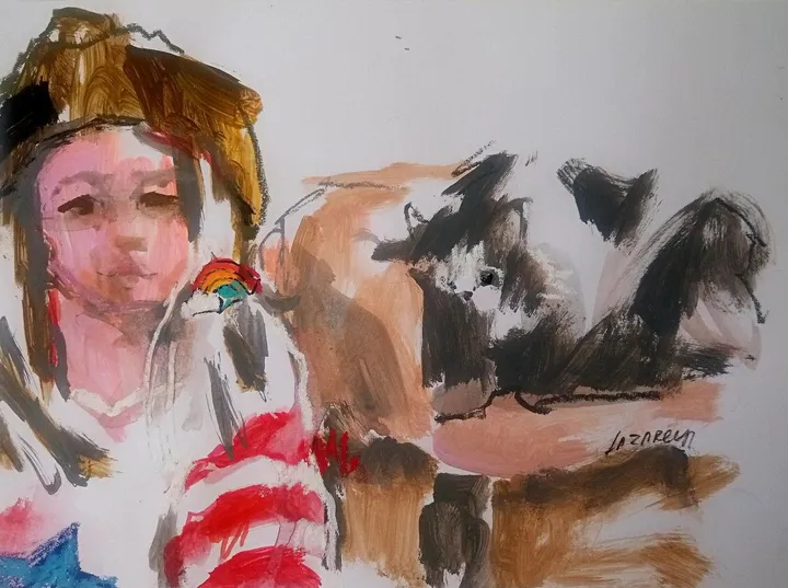 Sketch Selfie with cat, œuvre de Valerie Lazareva