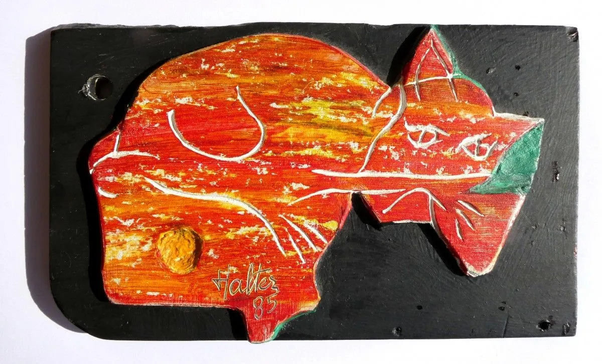Chat rouge, jaune et vert, artwork by Alain HALTER