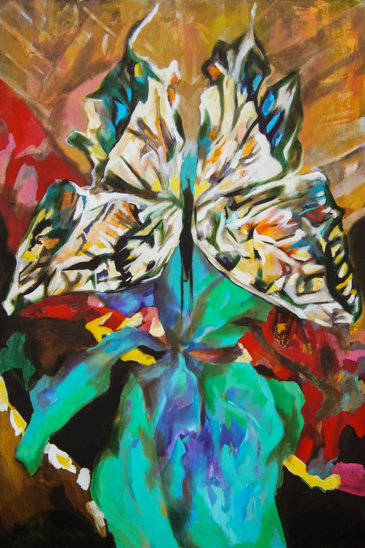 White butterfly falling to a blue iris, artwork by Dragos Botezat
