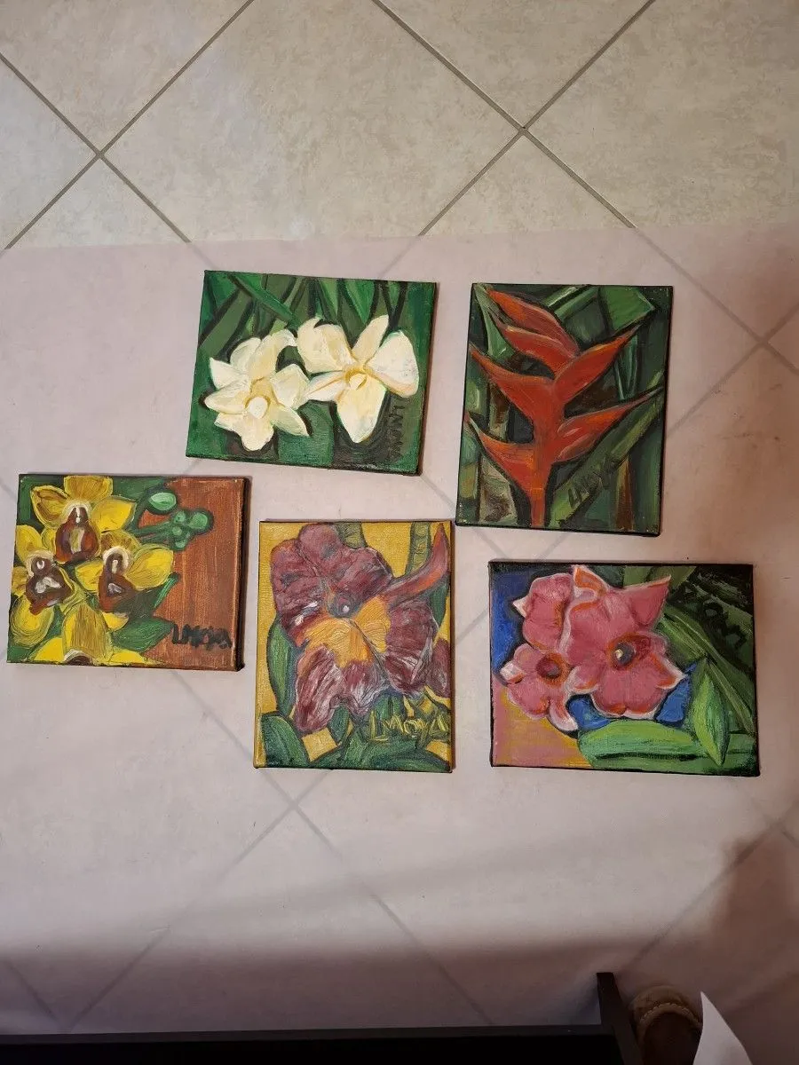 Four orchids and a heliconia, œuvre de Ligia Moya