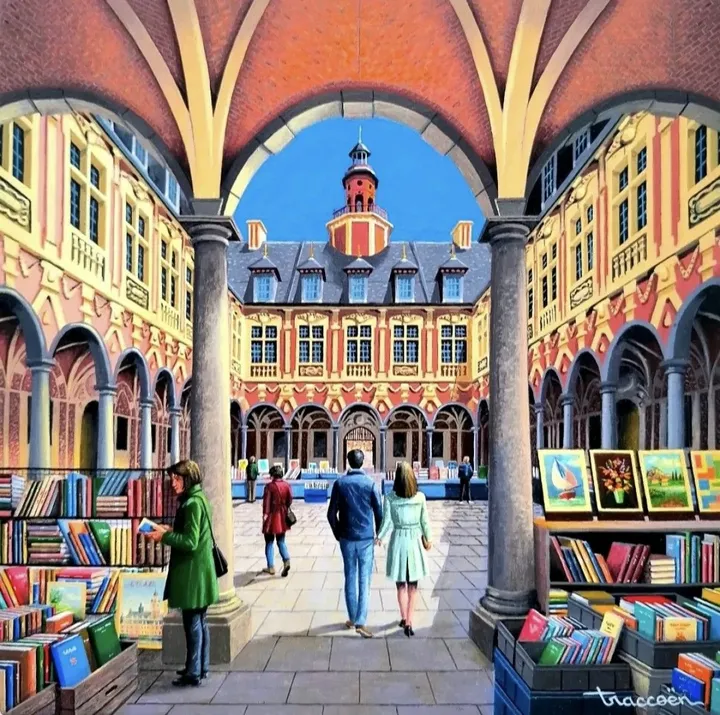 Le marché aux livres de La Vieille Bourse de Lille, artwork by Thierry Traccoën