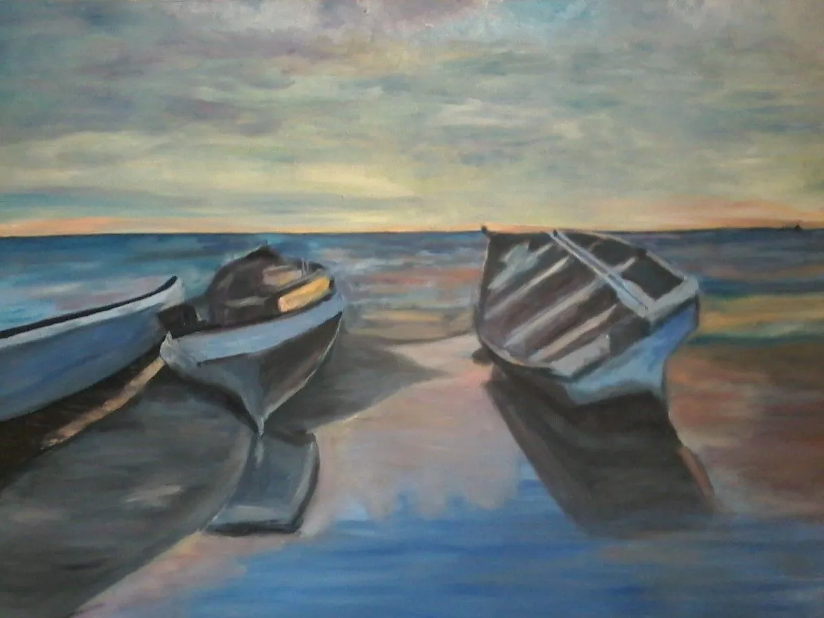 Boats at sunset, artwork by Susan Traut Allin