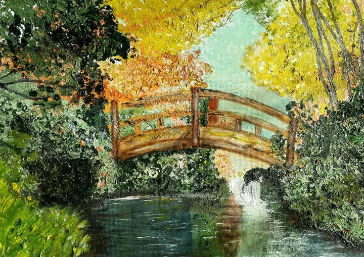 Bridge over water colorful trees, œuvre de Odette Frank