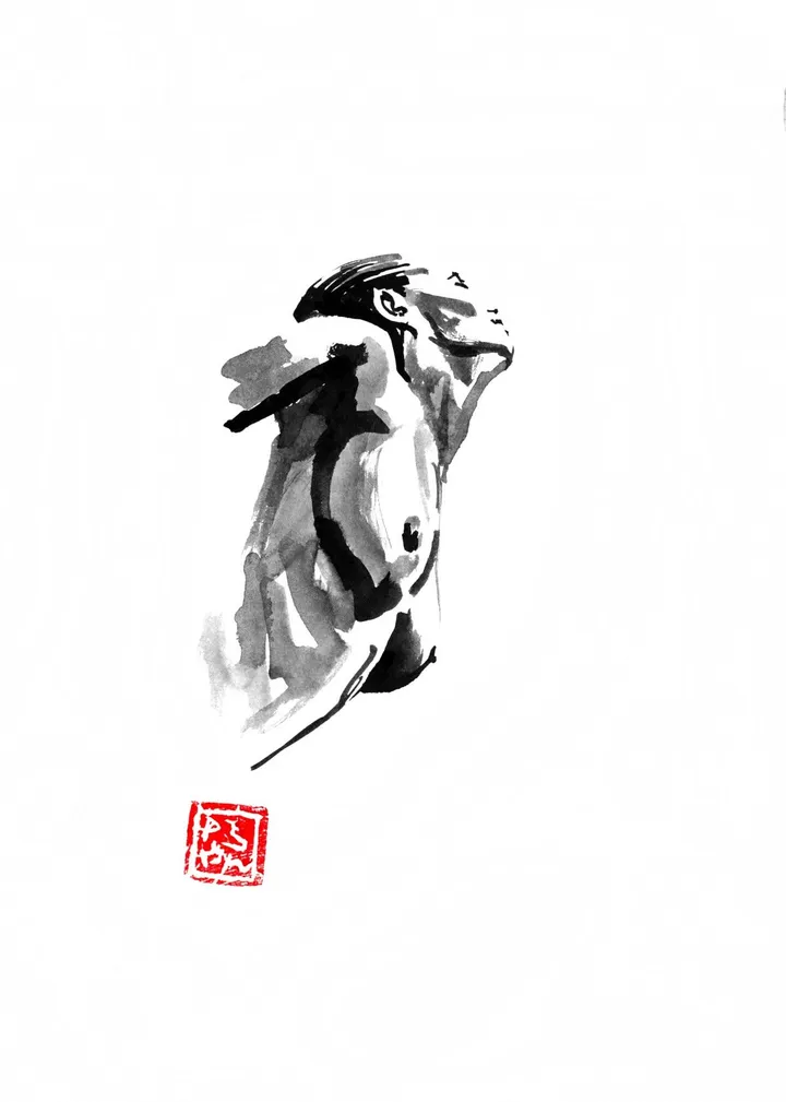 nude vertical, œuvre de pechane sumi-e