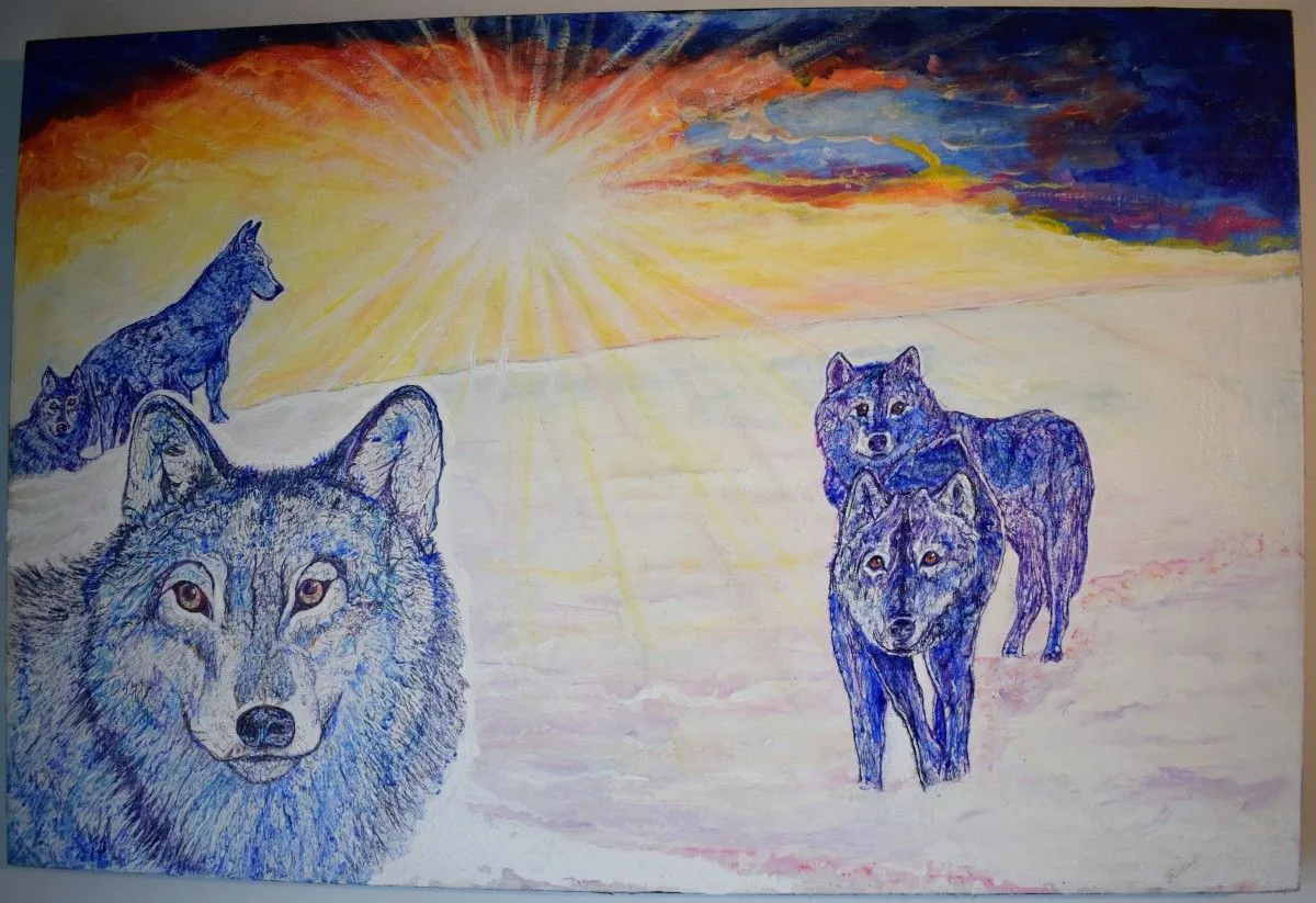 Loups, soleil levant, œuvre de Denis Roucau