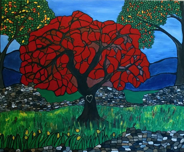 Our initials on the red tree, œuvre de Rachel Olynuk