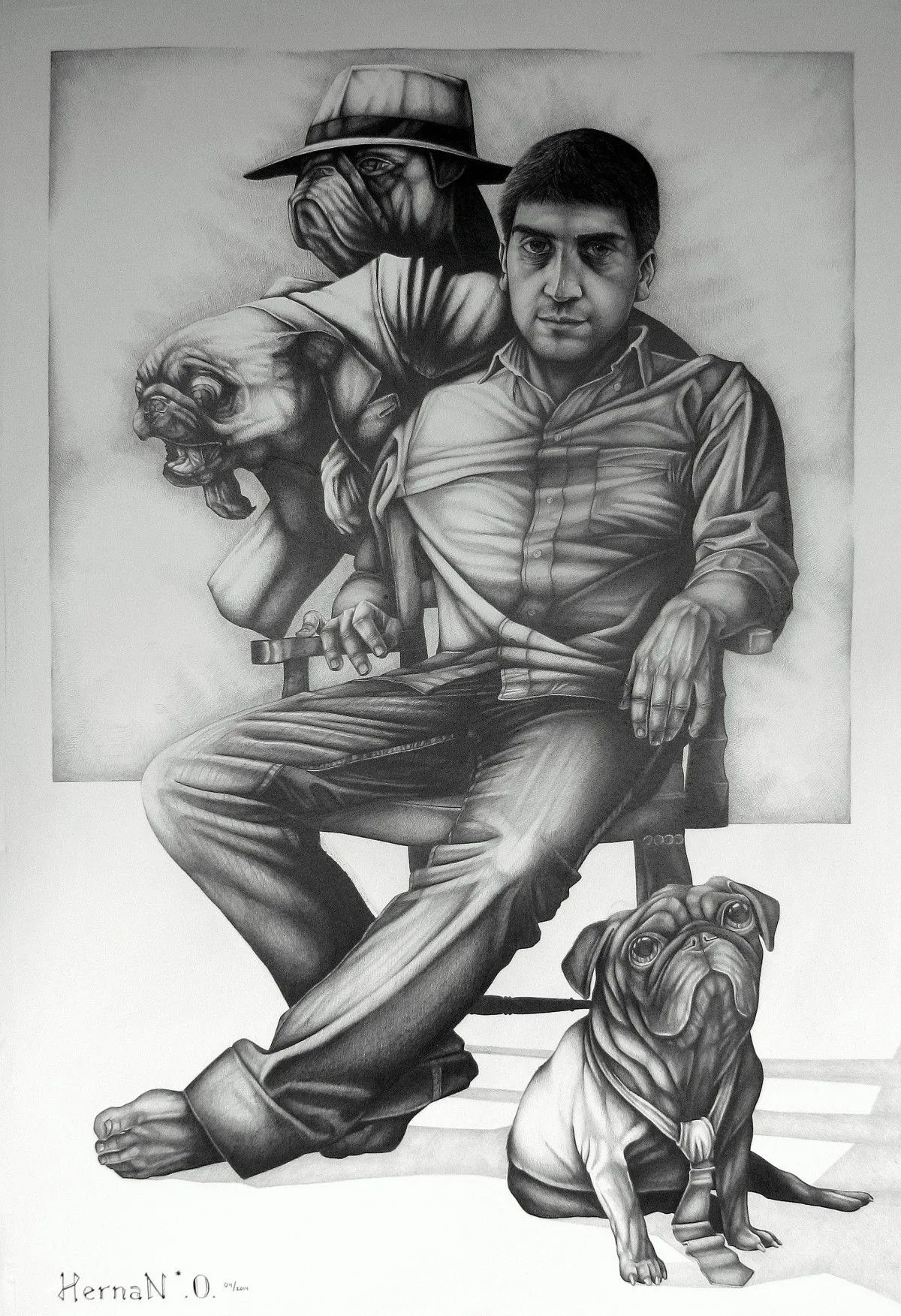 Self-portraint with hat, tie and jacket, artwork by Hernan E.