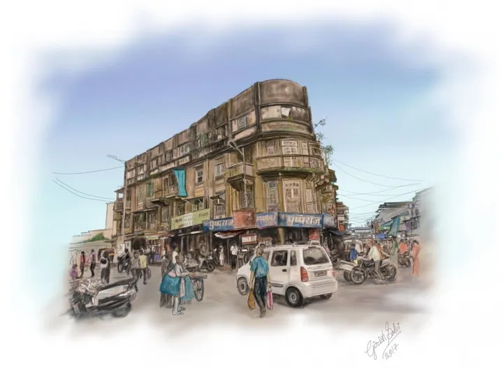 cityscape, artwork by Girish Salvi