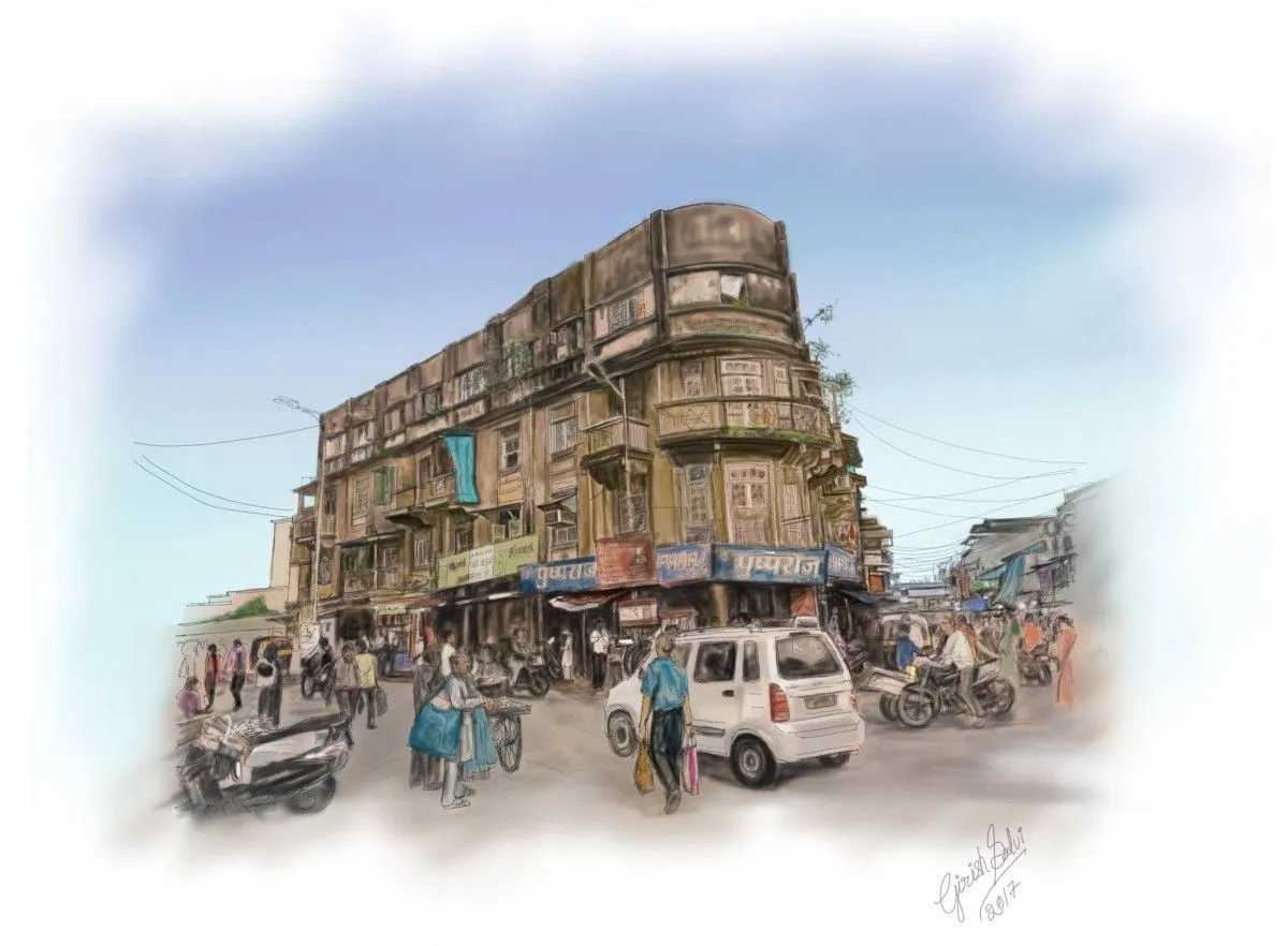 cityscape, artwork by Girish Salvi