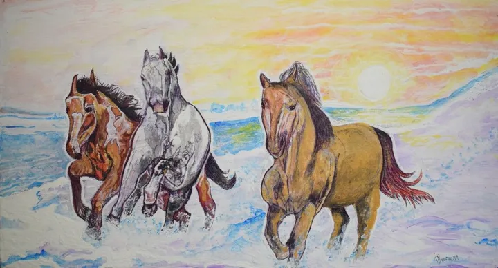 Chevaux dans la neige - PROMOTION 30% de rabais, artwork by Denis Roucau
