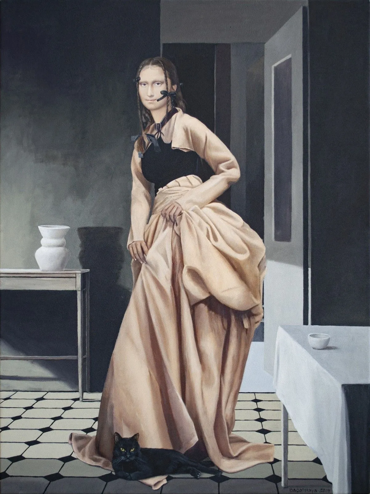 Contemporary portrait "In the Kitchen with Cat", artwork by Nataliya Bagatskaya