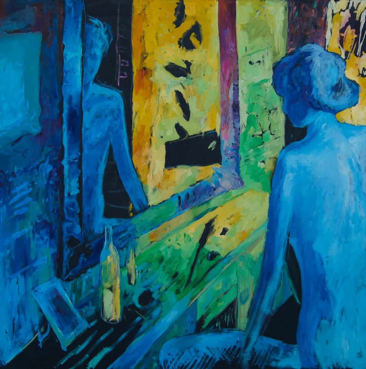 Blue woman in front of a mirror, artwork by Dragos Botezat