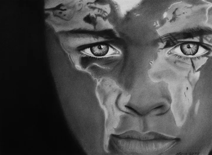 Mappemonde sur visage masculin, œuvre de Nina (Nadine Pillet)