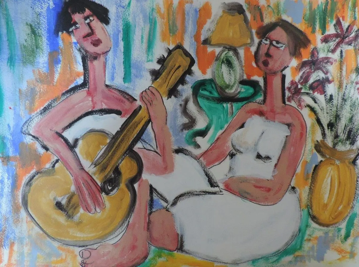 Girlfriends with Guitar, artwork by nancy denommee