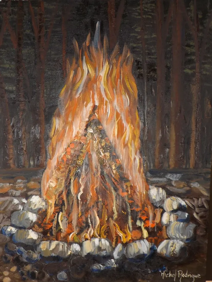 Feu de camp en forêt, artwork by MICHEL JOSEPH RODRIGUE