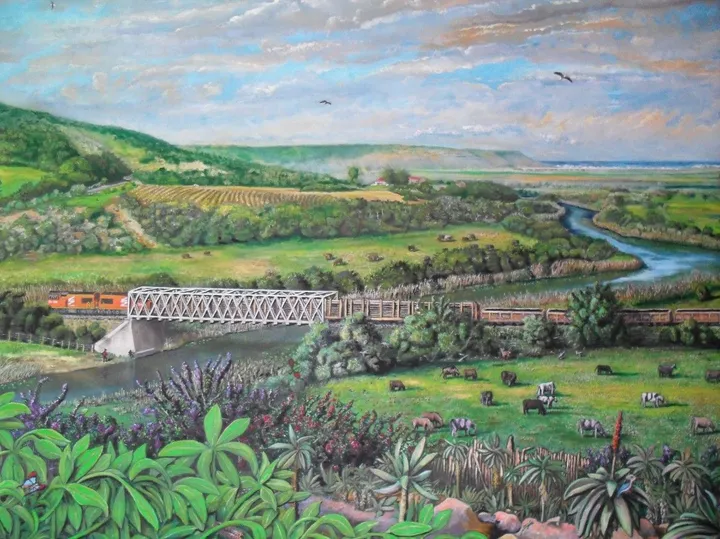 Train crossing Loerie river, œuvre de potgieter potgieter