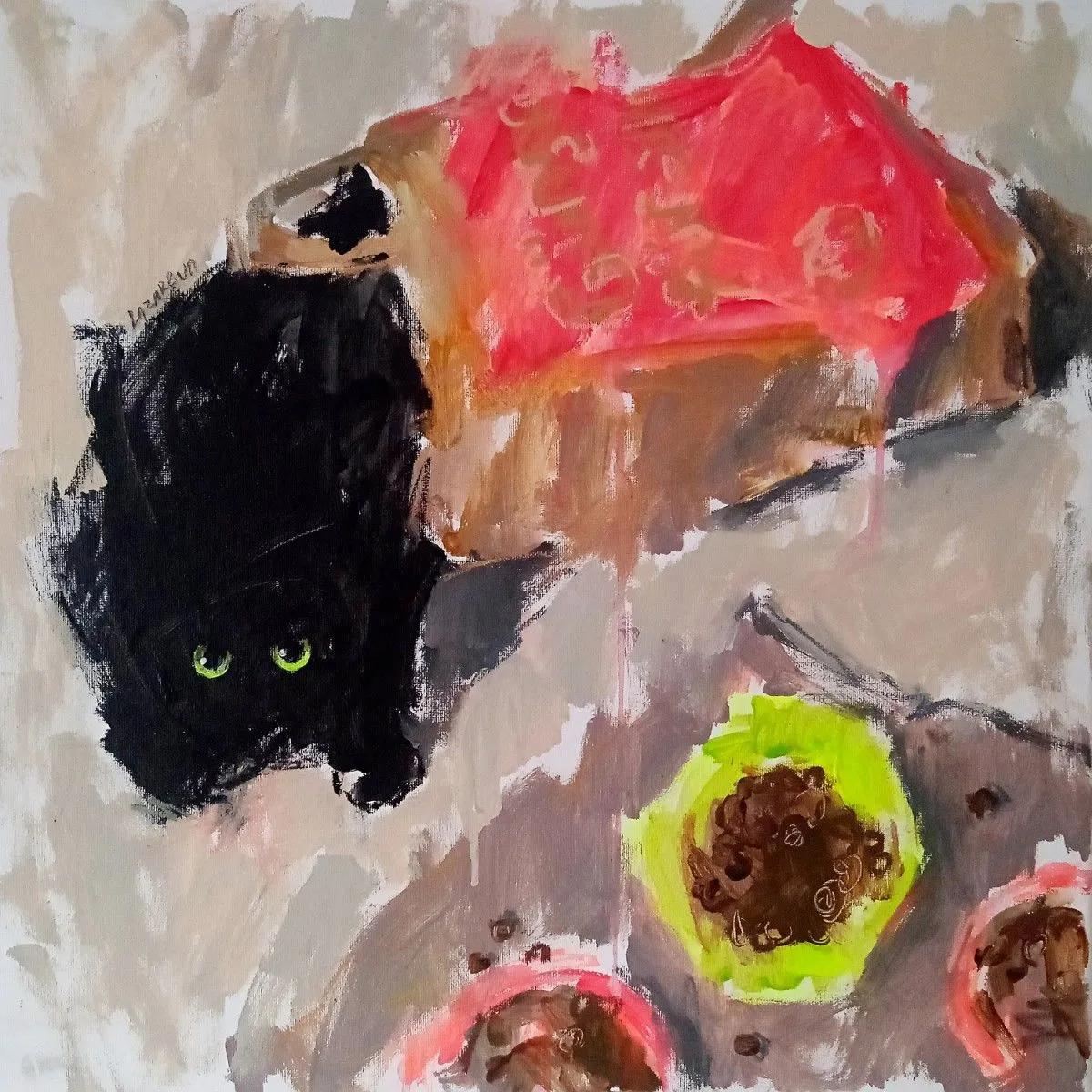 Black cat in a bag, artwork by Valerie Lazareva