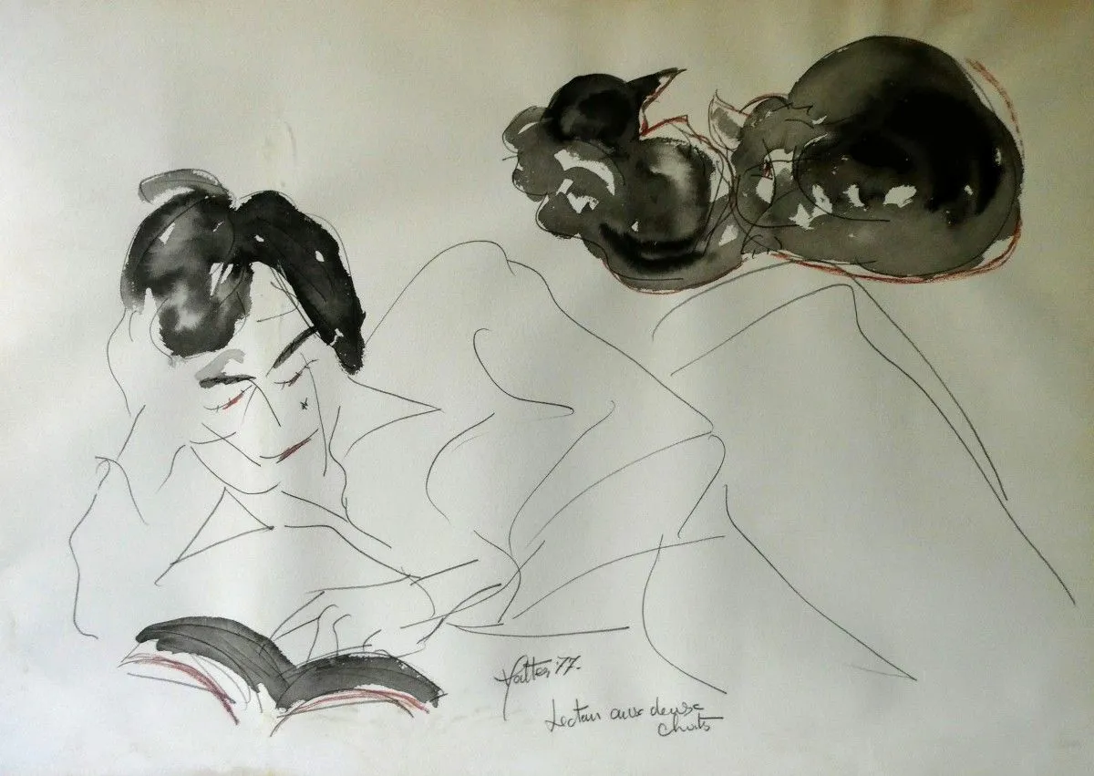 Lecteur aux deux chats, œuvre de Alain HALTER