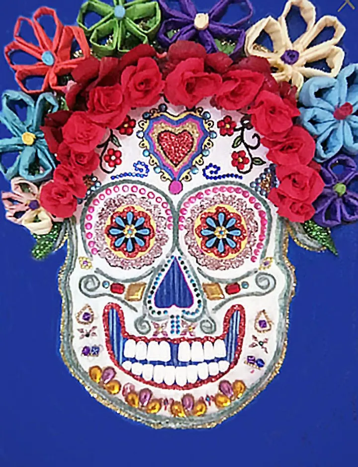 Sugar Skull Painting & Collage—Totally Unique Stunning and Colorful Mexican Folk Art, artwork by Maxine Page
