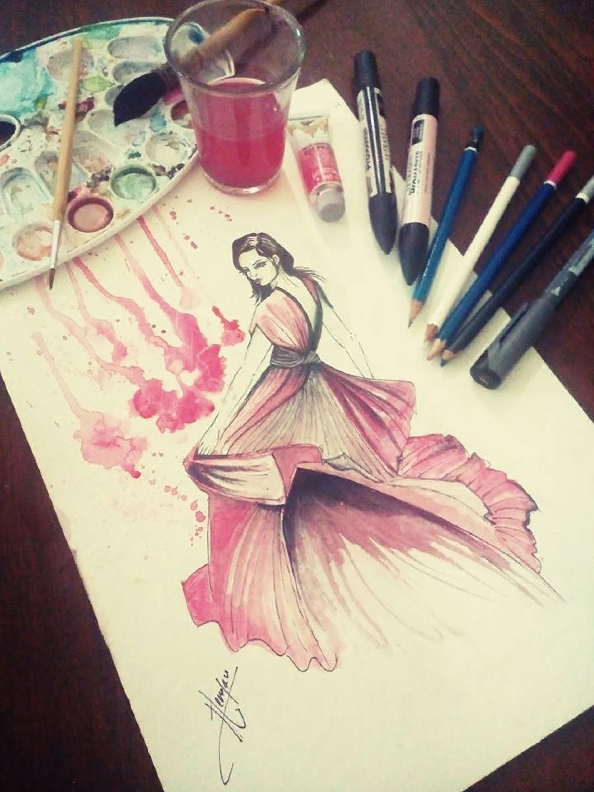 watercolor sketch mode, œuvre de Meryam Swilem
