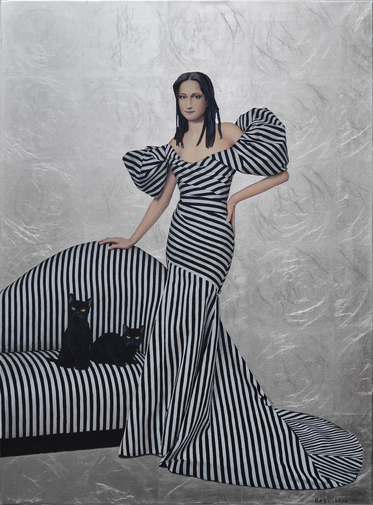 Contemporary portrait "Two Black Cats on the Sofa", œuvre de Nataliya Bagatskaya