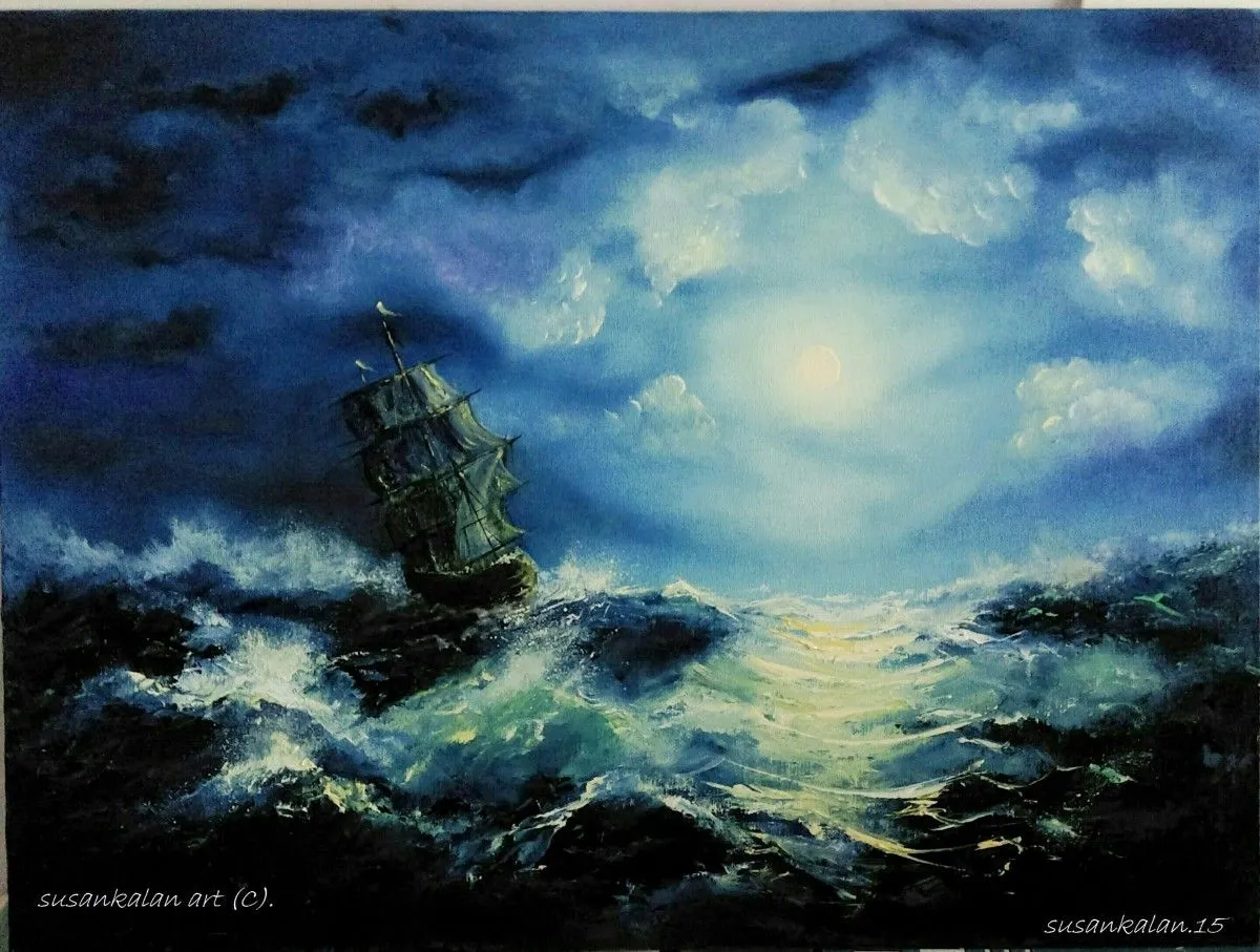 Big waves of monsoon after the rain on full moon night, œuvre de Susankalan Roy
