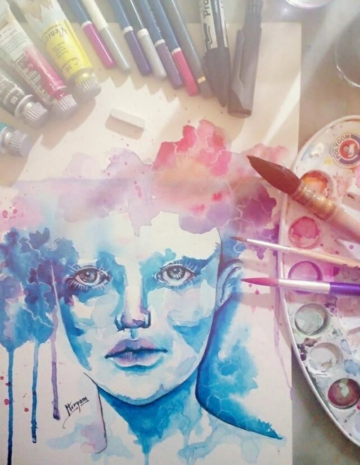 water color portrait, œuvre de Meryam Swilem