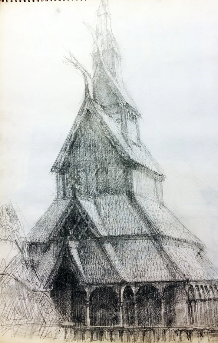FANTOFT STAVKIRKE - EGLISE EN BOIS DEBOUT DE FANTOFT, artwork by Jean Bessat