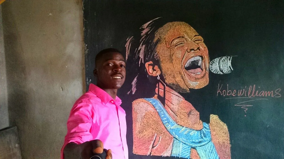 Colour chalk art on board, artwork by Kobe Williams
