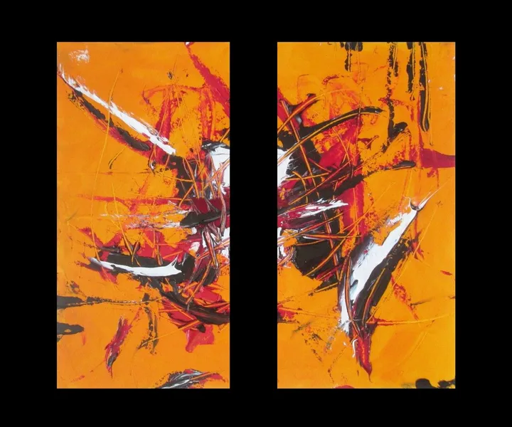 Diptyque Fragments sur fond orange, artwork by Maryse Lapointe